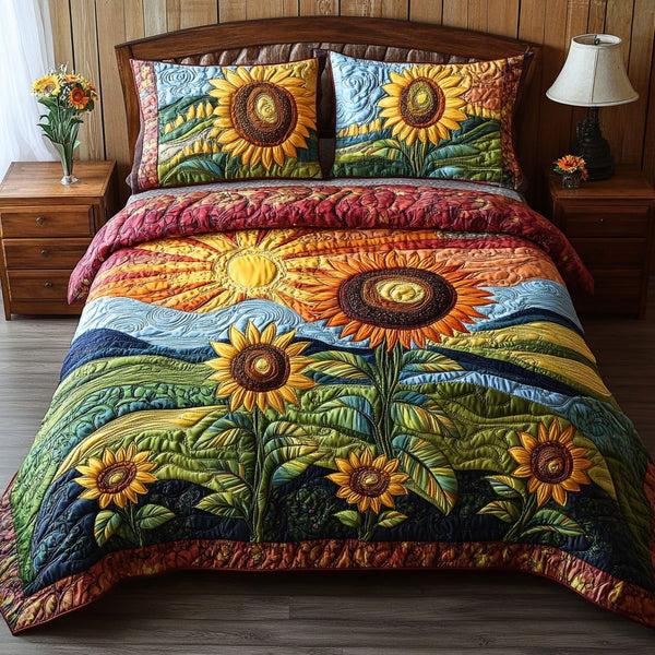 Country Sunbeam quilted 3-piece bedding set on a made bed in a farmhouse bedroom