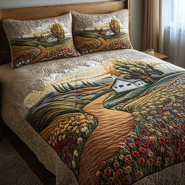 Country Sunlight quilted 3-piece bedding set on a made bed in a farmhouse bedroom