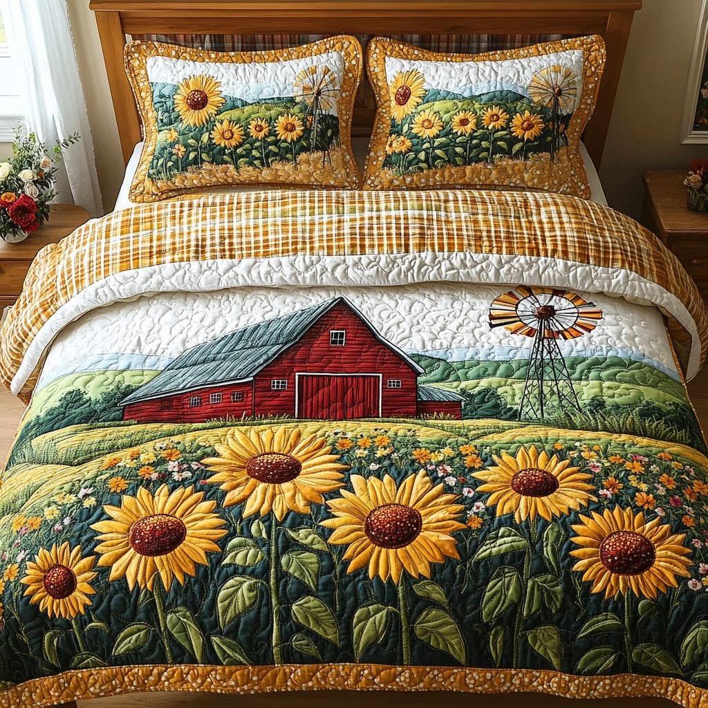 Country Sunrise quilted 3-piece bedding set on a made bed in a farmhouse bedroom