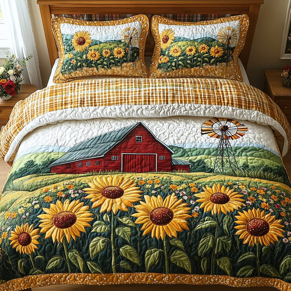 Country Sunrise quilted 3-piece bedding set on a made bed in a farmhouse bedroom
