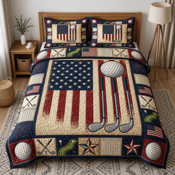 Country Swing quilted 3-piece bedding set on a made bed in a farmhouse bedroom