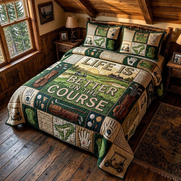 Country Swing quilted 3-piece bedding set on a made bed in a farmhouse bedroom