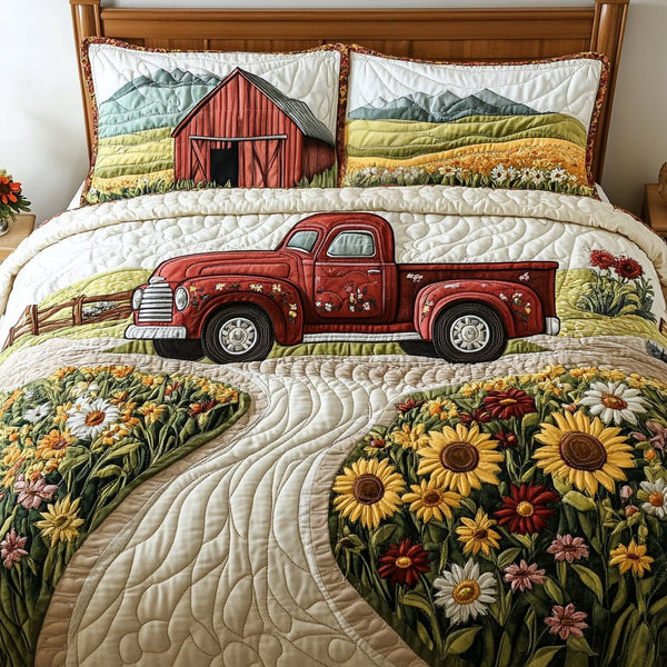 Country Truck quilted 3-piece bedding set on a made bed in a farmhouse bedroom