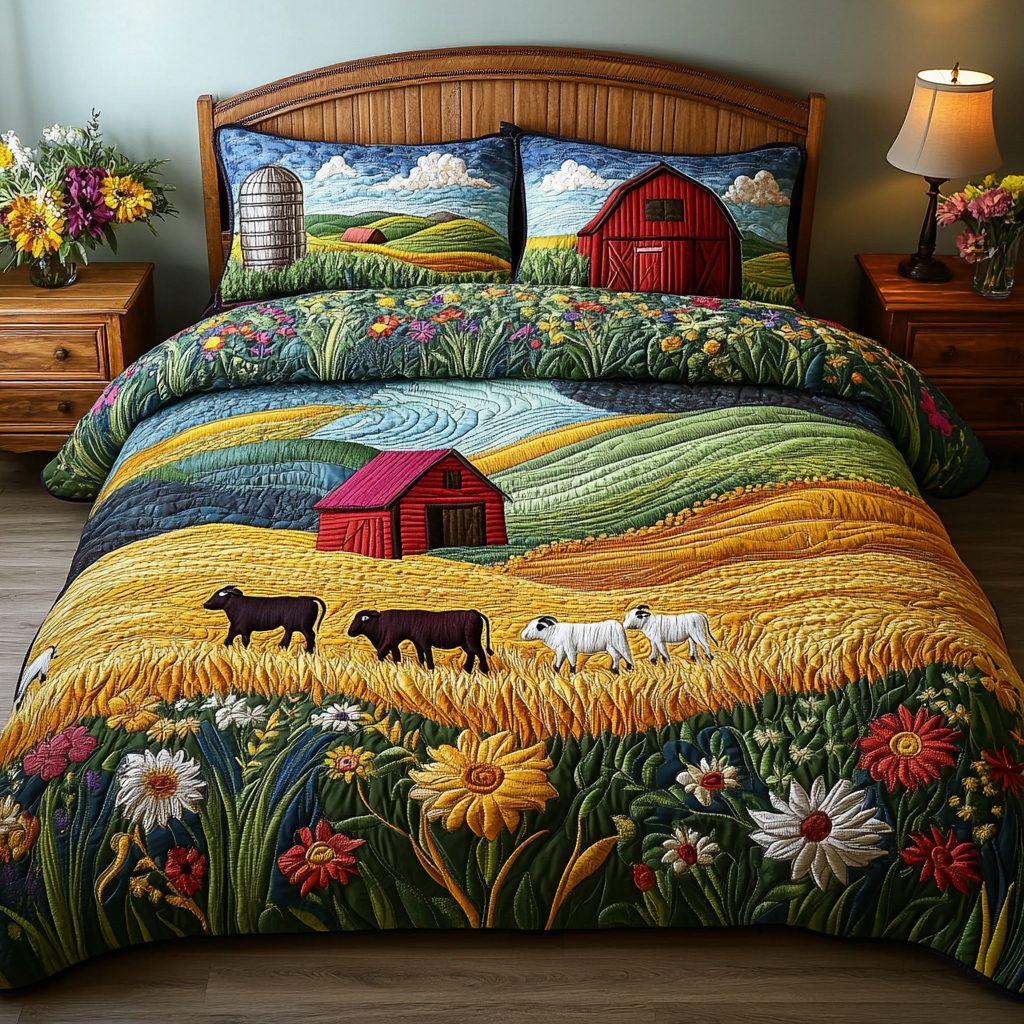 Country View quilted 3-piece bedding set on a made bed in a farmhouse bedroom