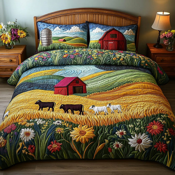 Country View quilted 3-piece bedding set on a made bed in a farmhouse bedroom