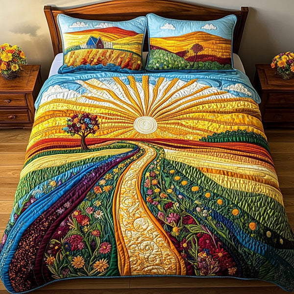 Countryside Bliss quilted 3-piece bedding set on a made bed in a farmhouse bedroom