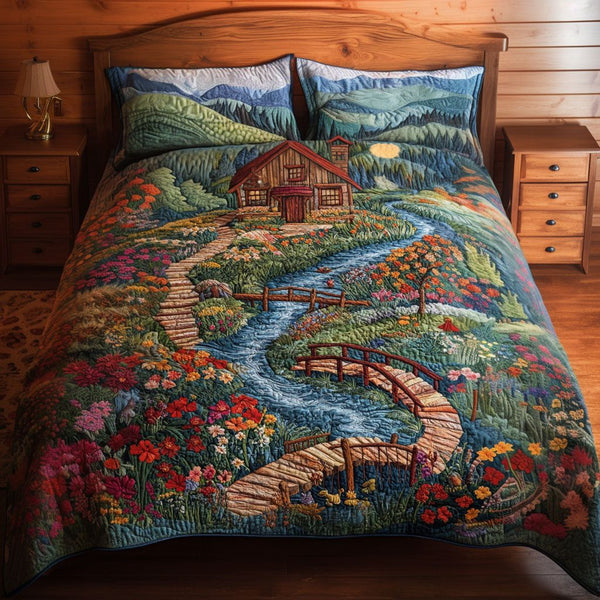 Countryside Bloom quilted 3-piece bedding set on a made bed in a farmhouse bedroom