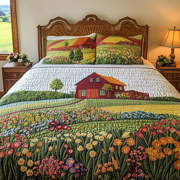 Countryside Peace quilted 3-piece bedding set on a made bed in a farmhouse bedroom