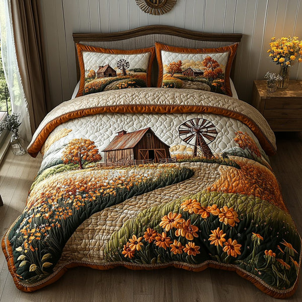 Countryside Tranquil quilted 3-piece bedding set on a made bed in a farmhouse bedroom