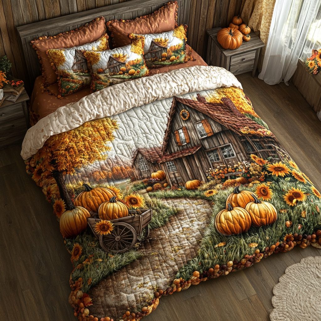 Countryside View quilted 3-piece bedding set on a made bed in a farmhouse bedroom