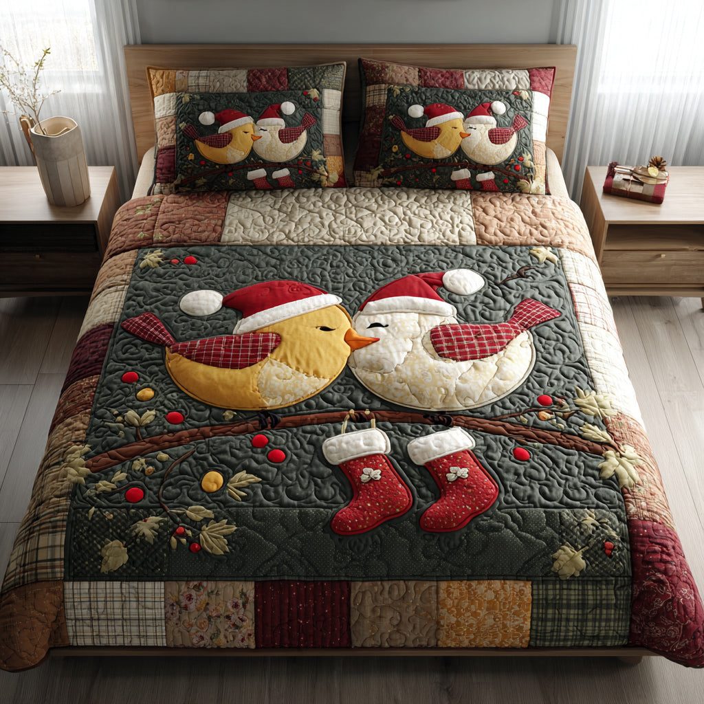 Couple Bird Christmas quilted 3-piece bedding set on a made bed in a winter-styled bedroom