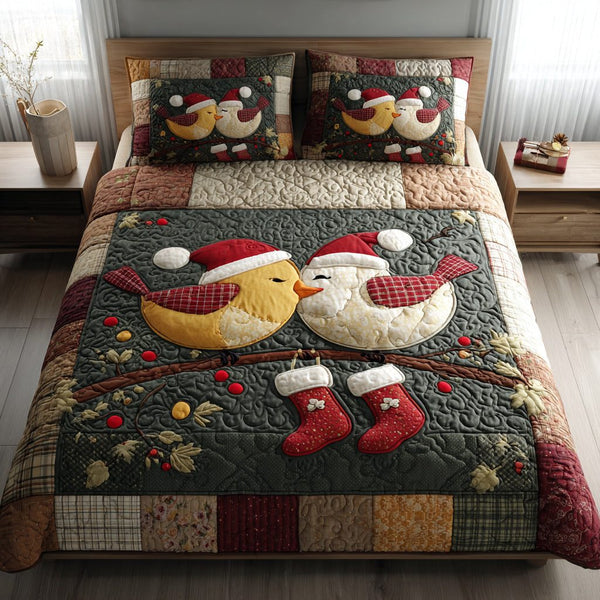 Couple Bird Christmas quilted 3-piece bedding set on a made bed in a winter-styled bedroom