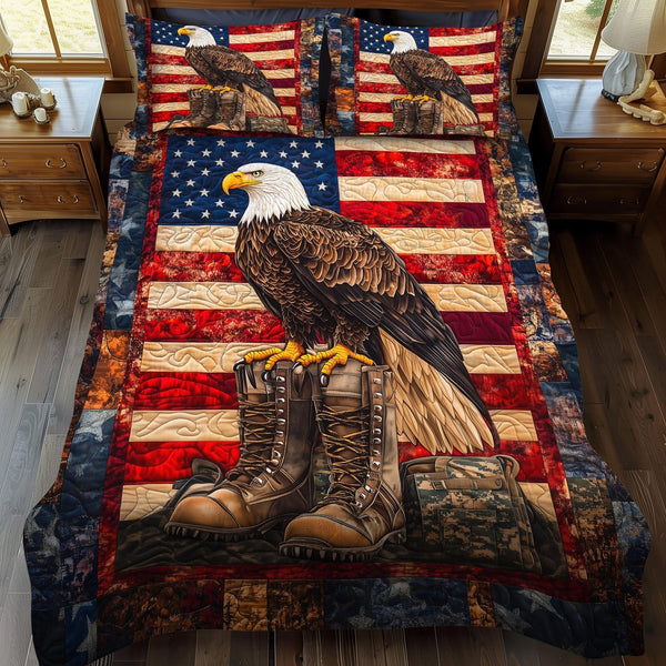 Courage Woven quilted 3-piece bedding set on a made bed with two matching pillow shams