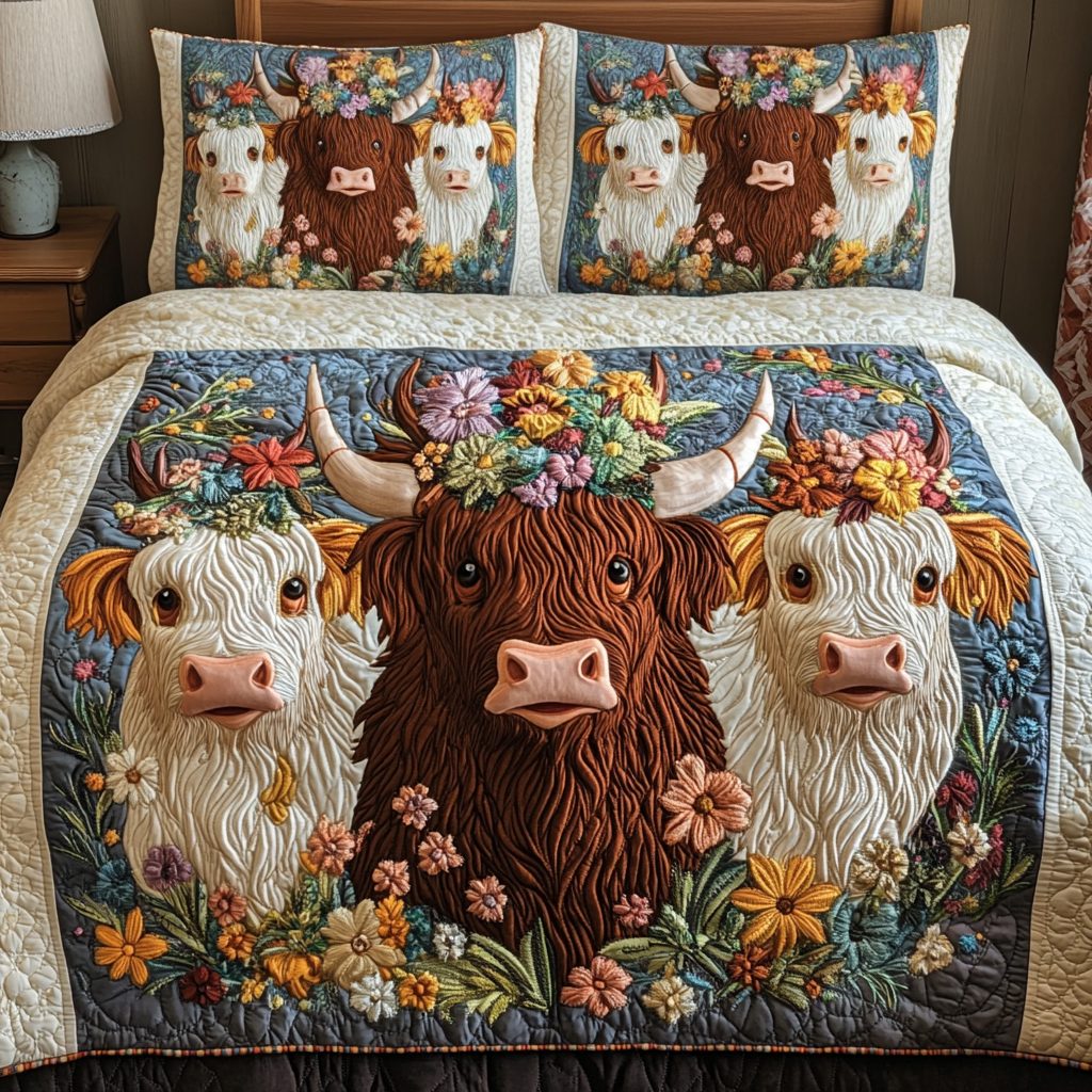 Cow Blooms quilted 3-piece bedding set on a made bed with two matching pillow shams