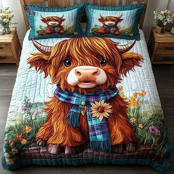 Cow Blossom quilted 3-piece bedding set on a made bed with two matching pillow shams