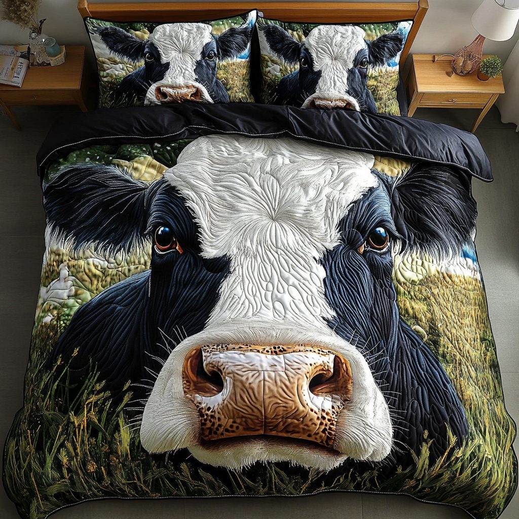Cow Comfort quilted 3-piece bedding set on a made bed with two matching pillow shams