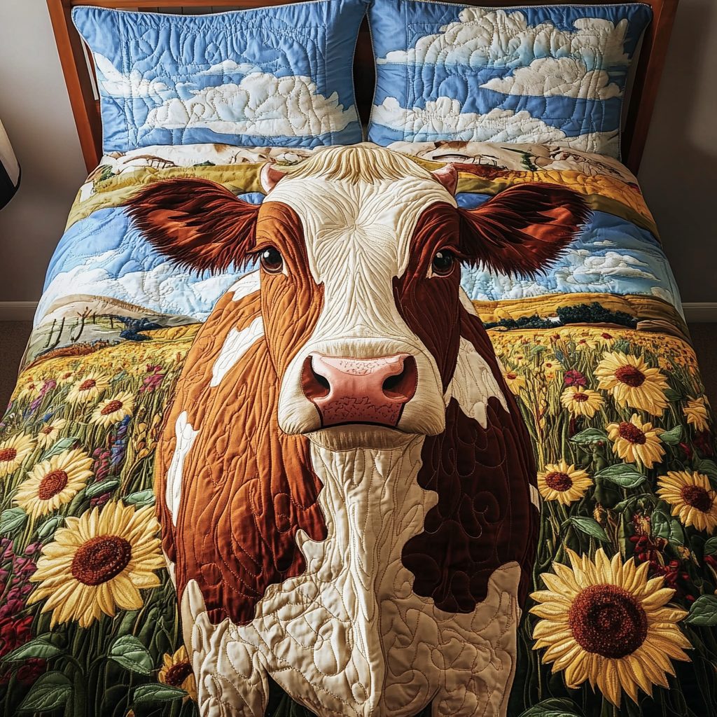 Cow Comfort quilted 3-piece bedding set on a made bed with two matching pillow shams