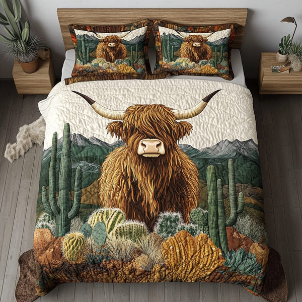 Cow Country quilted 3-piece bedding set on a made bed in a farmhouse bedroom