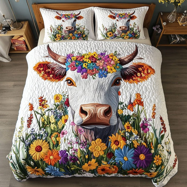 Cow Enchantment quilted 3-piece bedding set on a made bed with two matching pillow shams