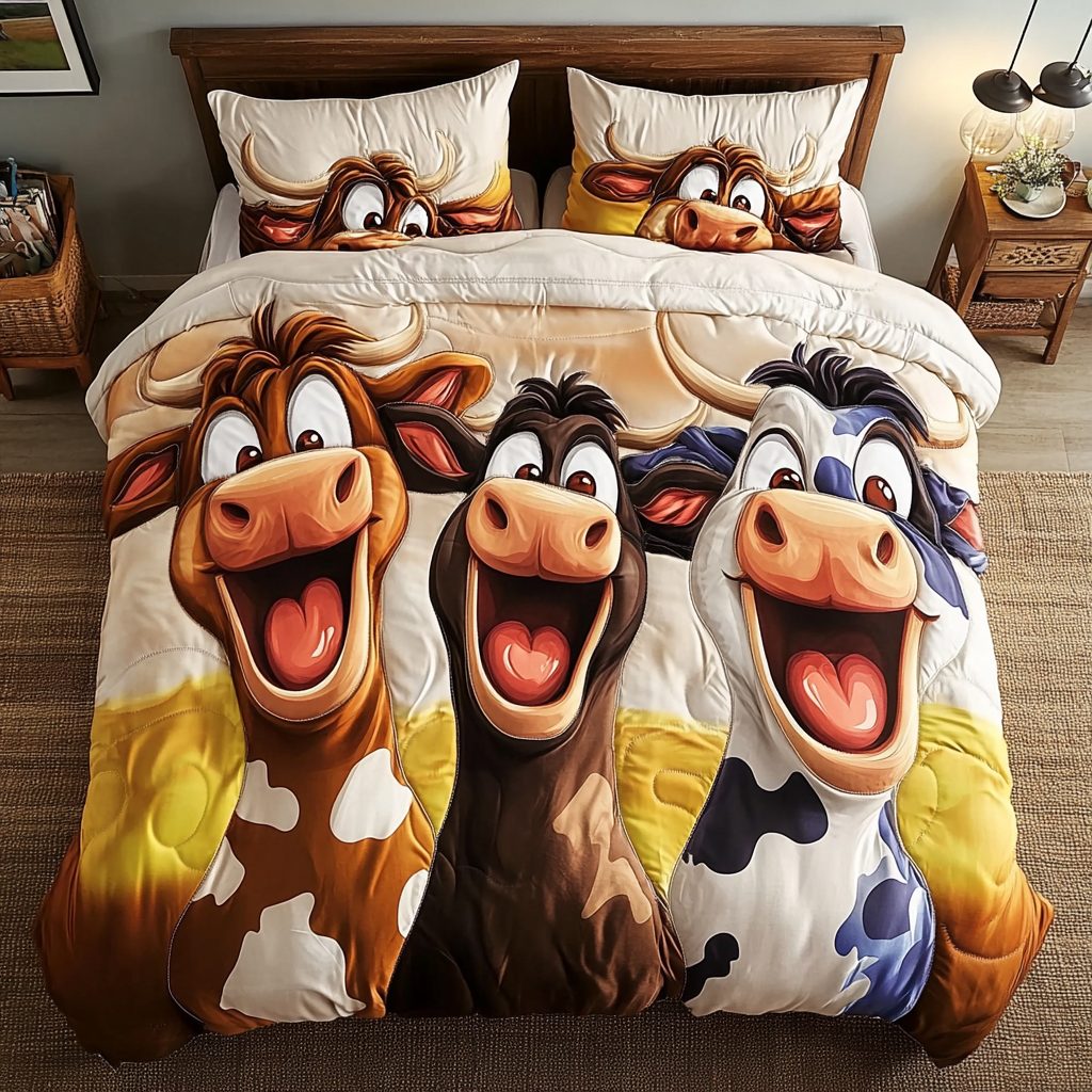 Cow Joy quilted 3-piece bedding set on a made bed with two matching pillow shams