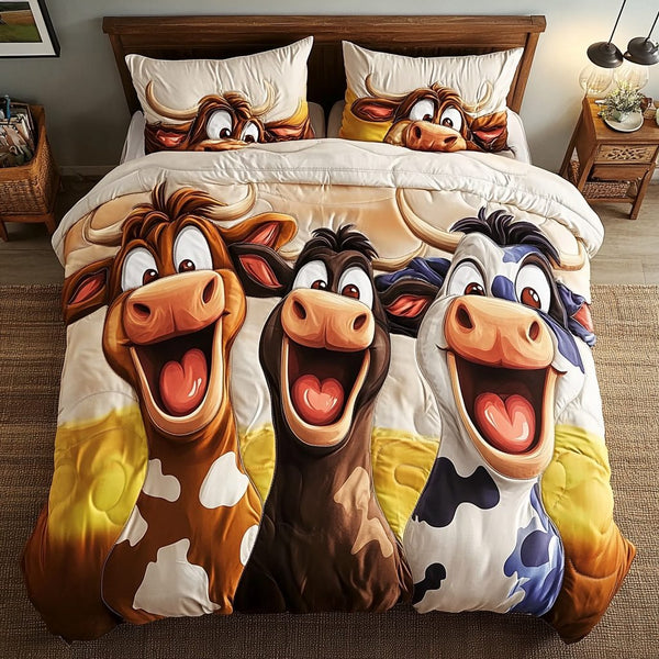 Cow Joy quilted 3-piece bedding set on a made bed with two matching pillow shams