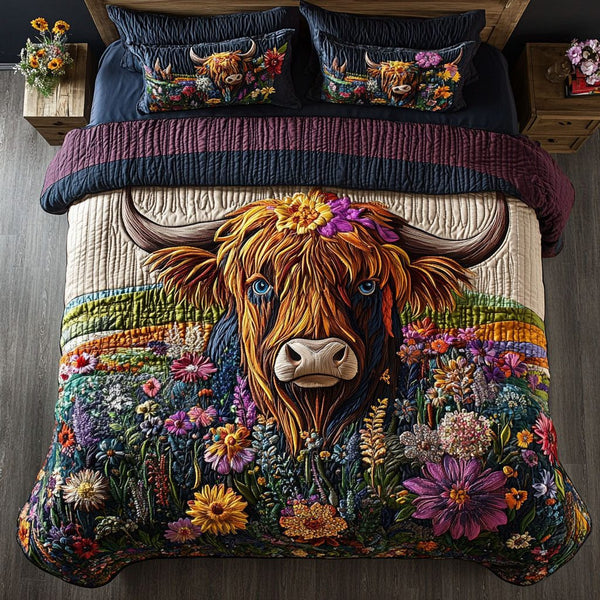 Cow Meadow Charm quilted 3-piece bedding set on a made bed with two matching pillow shams