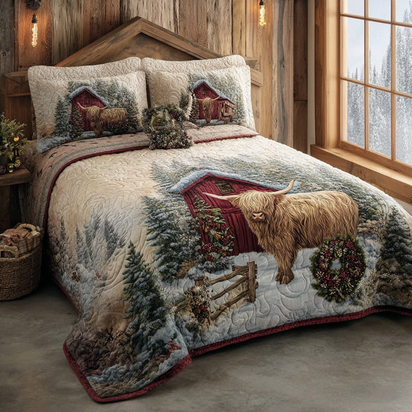 Cow Retreat quilted 3-piece bedding set on a made bed with two matching pillow shams