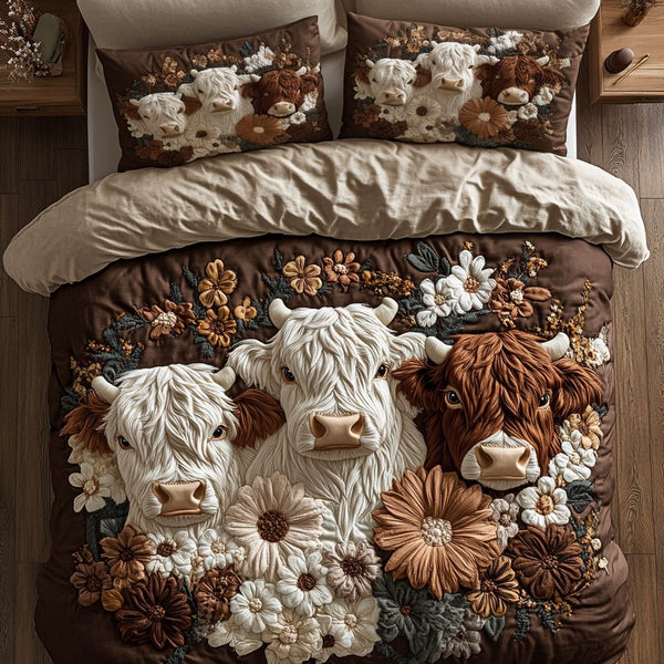 Cow Whimsy quilted 3-piece bedding set on a made bed with two matching pillow shams