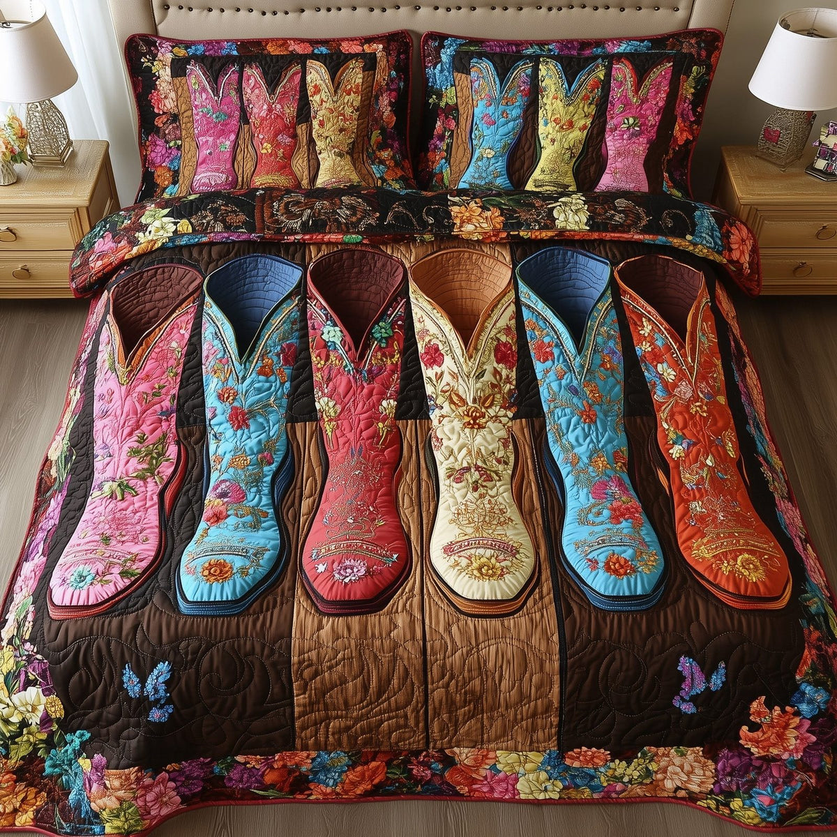 Cowboy Boot Dreams quilted 3-piece bedding set on a made bed in a rustic timber bedroom