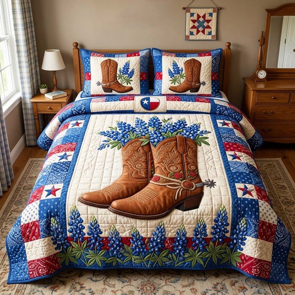 Cowboy Boots Bluebonnet quilted 3-piece bedding set on a made bed in a rustic timber bedroom