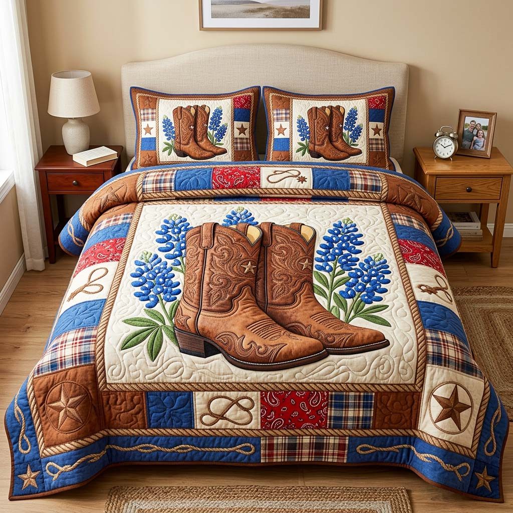 Cowboy Boots quilted 3-piece bedding set on a made bed in a rustic timber bedroom