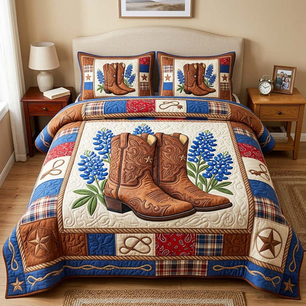 Cowboy Boots quilted 3-piece bedding set on a made bed in a rustic timber bedroom