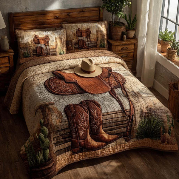 Cowboy Boots Ranch quilted 3-piece bedding set on a made bed in a rustic timber bedroom