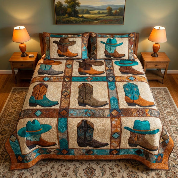 Cowboy Classic quilted 3-piece bedding set on a made bed in a rustic timber bedroom