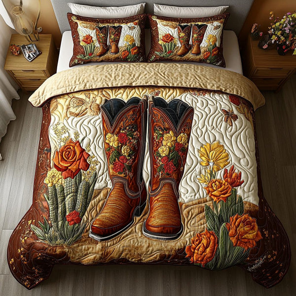Cowboy Comfort quilted 3-piece bedding set on a made bed in a rustic timber bedroom