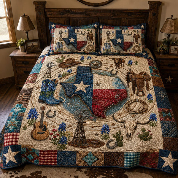 Cowboy Country Legacy quilted 3-piece bedding set on a made bed in a rustic timber bedroom