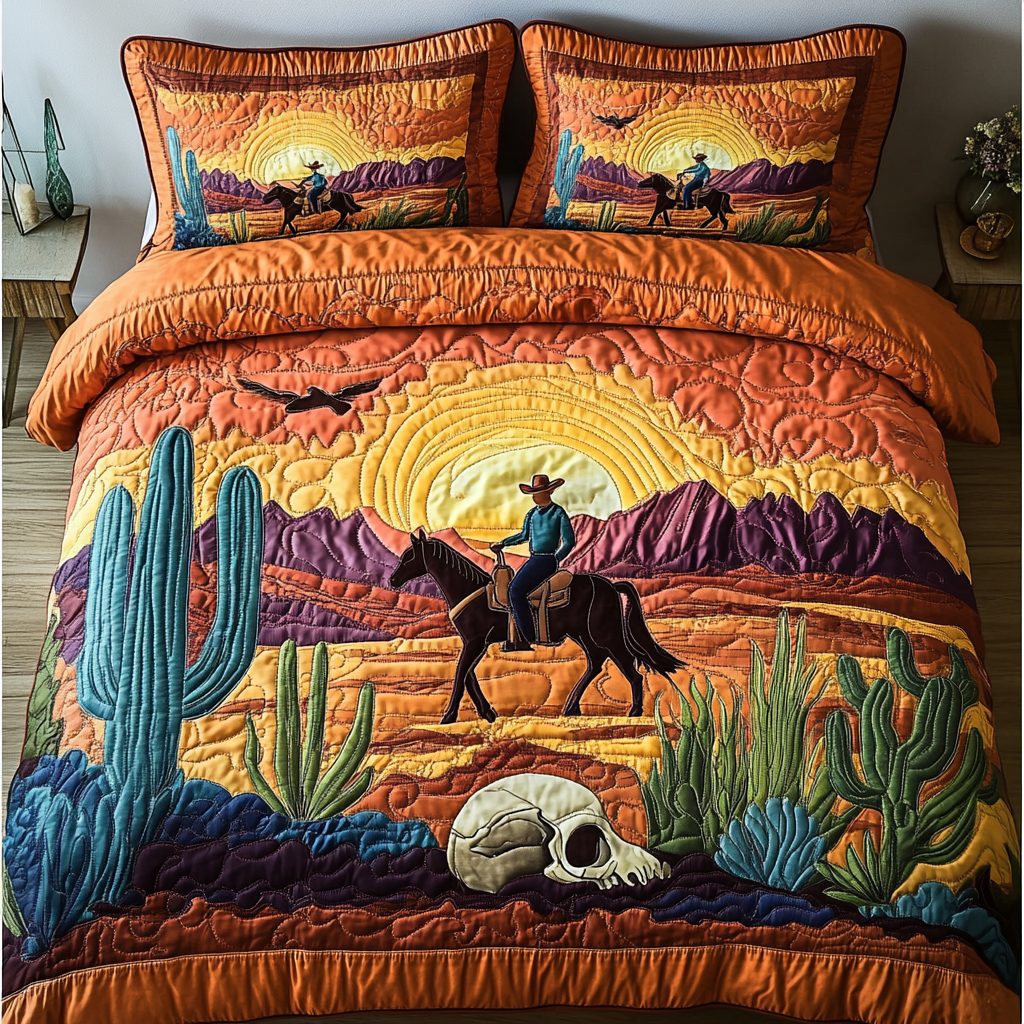 Cowboy Dream quilted 3-piece bedding set on a made bed in a rustic timber bedroom