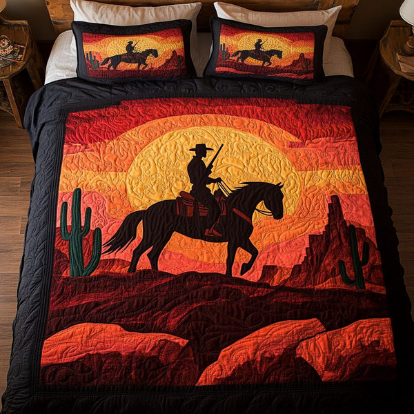 Cowboy Dreams quilted 3-piece bedding set on a made bed in a rustic timber bedroom