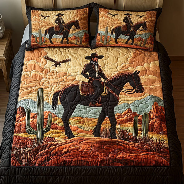 Cowboy Dusk quilted 3-piece bedding set on a made bed in a rustic timber bedroom
