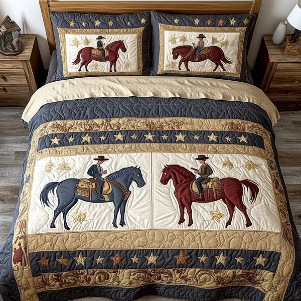 Cowboy Elegance quilted 3-piece bedding set on a made bed in a rustic timber bedroom