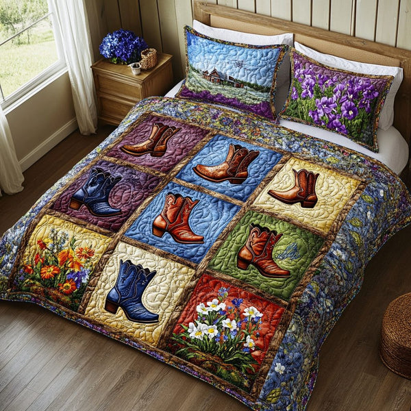 Cowboy Essence quilted 3-piece bedding set on a made bed in a rustic timber bedroom