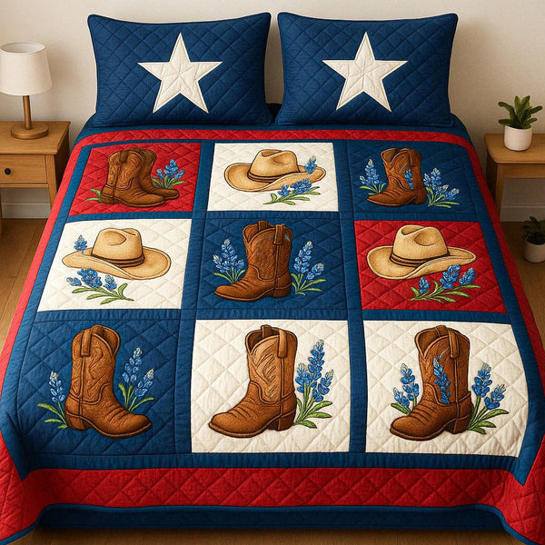 Cowboy Essence quilted 3-piece bedding set on a made bed in a rustic timber bedroom