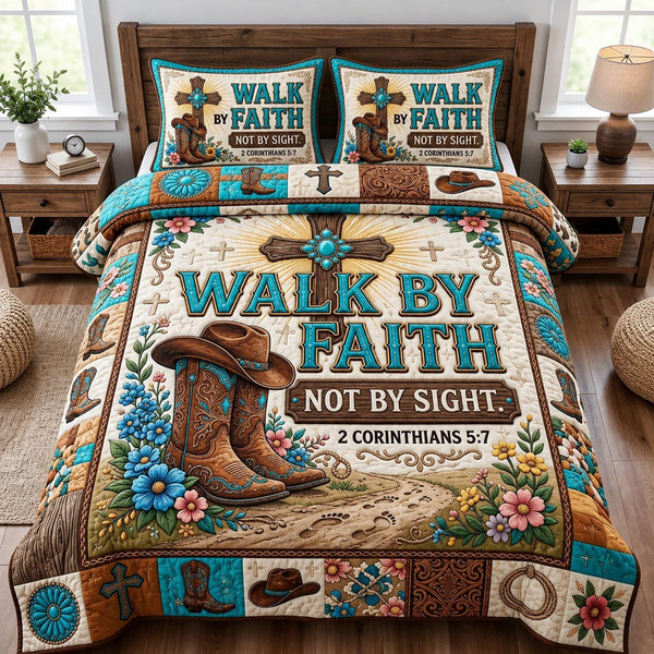 Cowboy Faith quilted 3-piece bedding set on a made bed in a softly lit bedroom