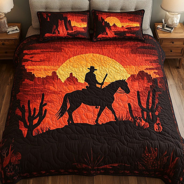 Cowboy Horizon quilted 3-piece bedding set on a made bed in a rustic timber bedroom
