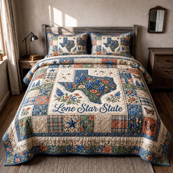 Cowboy Legacy quilted 3-piece bedding set on a made bed in a rustic timber bedroom