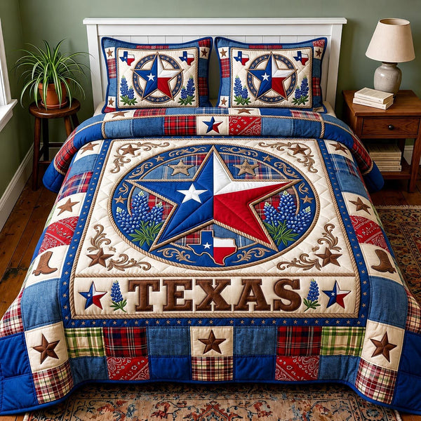 Cowboy Legacy quilted 3-piece bedding set on a made bed in a rustic timber bedroom