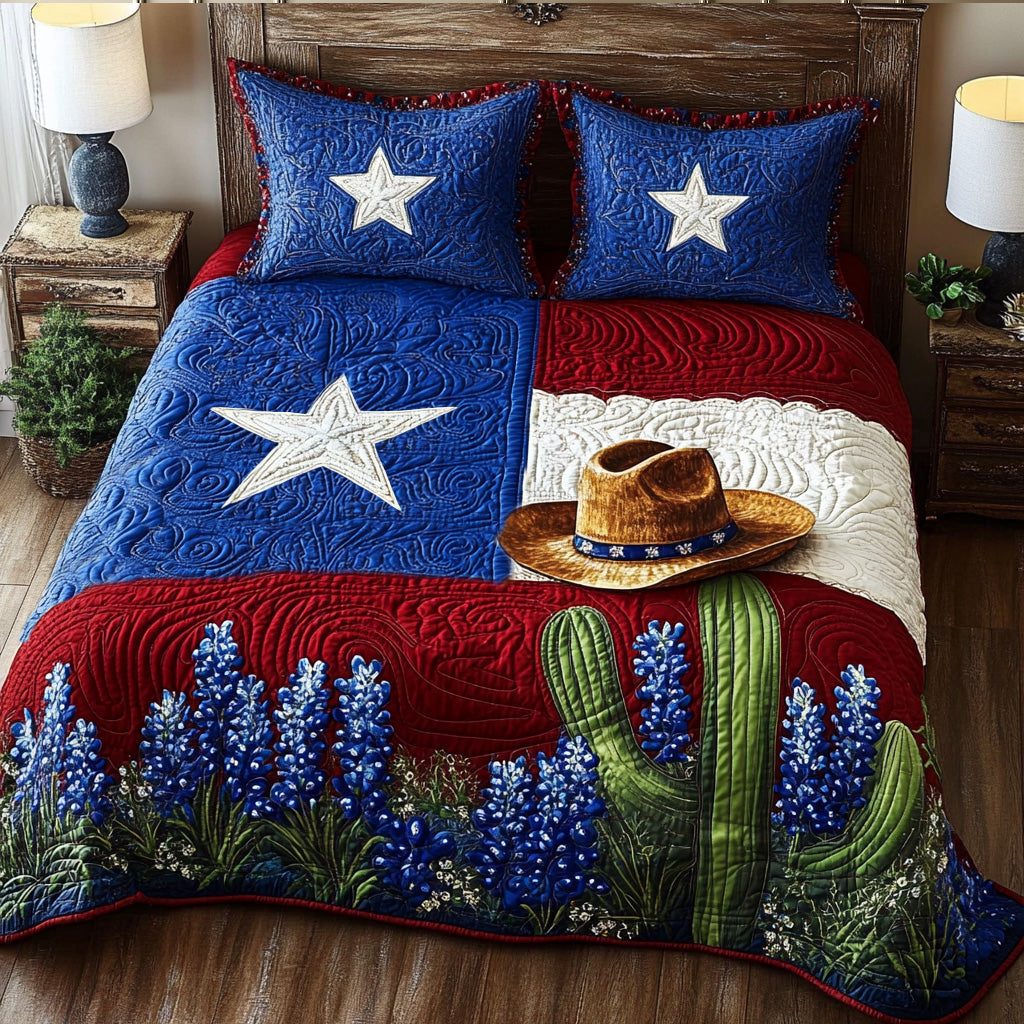 Cowboy Legacy quilted 3-piece bedding set on a made bed in a rustic timber bedroom