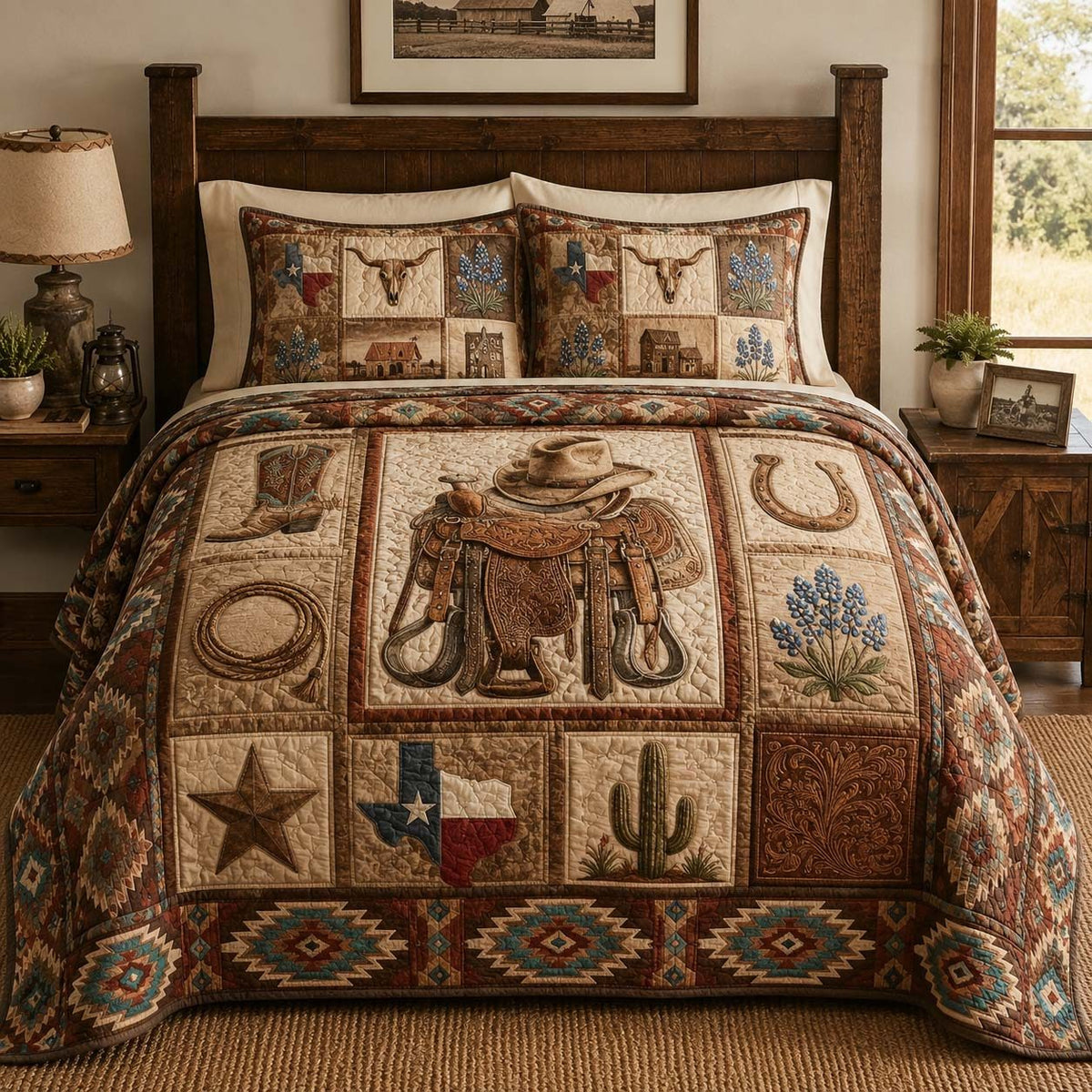 Cowboy Legacy quilted 3-piece bedding set on a made bed in a rustic timber bedroom