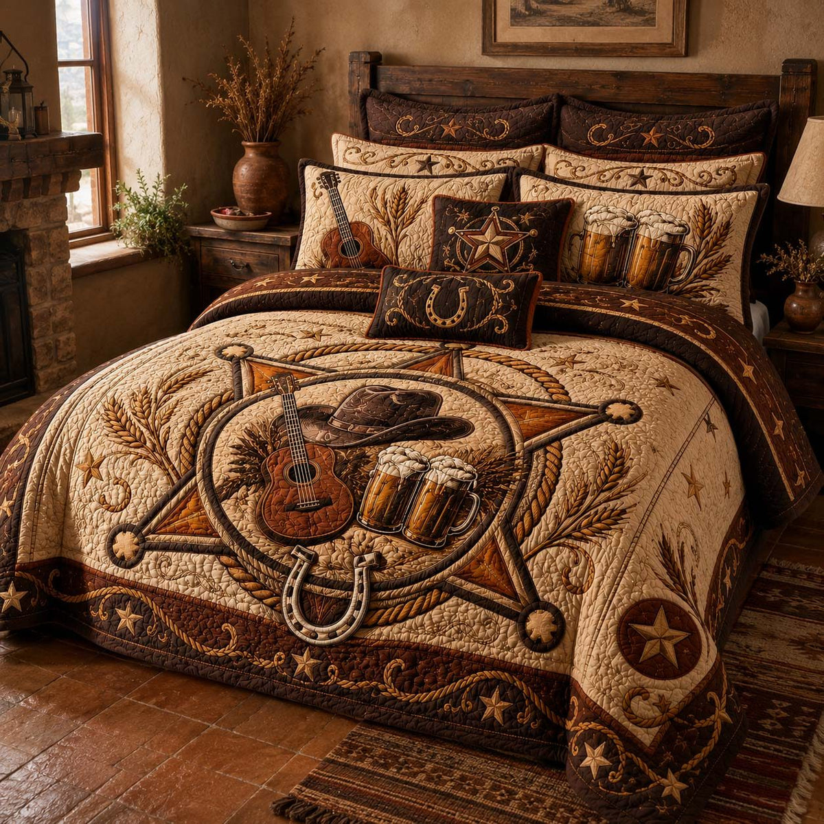Cowboy Melody quilted 3-piece bedding set on a made bed in a rustic timber bedroom