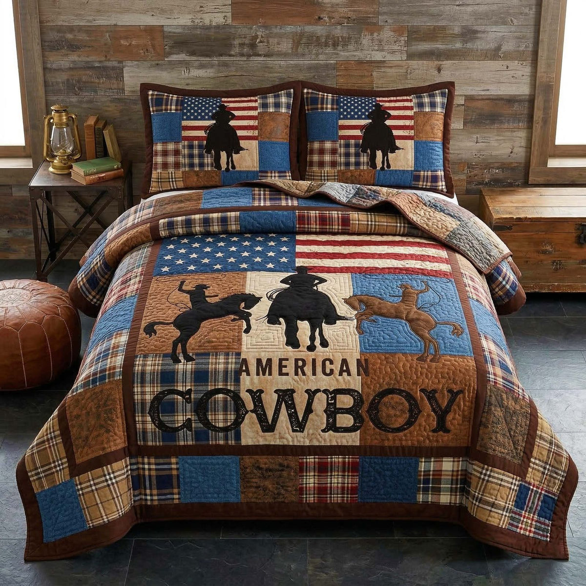 Cowboy Patriot quilted 3-piece bedding set on a made bed in a warmly lit bedroom